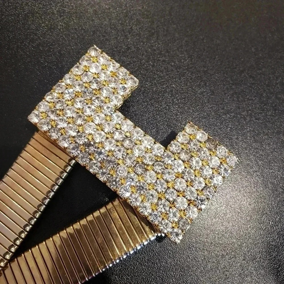 Vintage Criss Cross Gold Slinky Belt w/Rhinestone Buckle - Picture 5 of 11